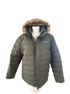 Eddie Bauer Olive Green Jacket with Olive Trim and Faux Fur Hood